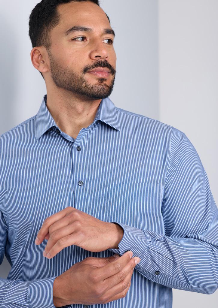Fitzroy Mens Classic Fit Long Sleeve Shirt French Blue/White Stripe