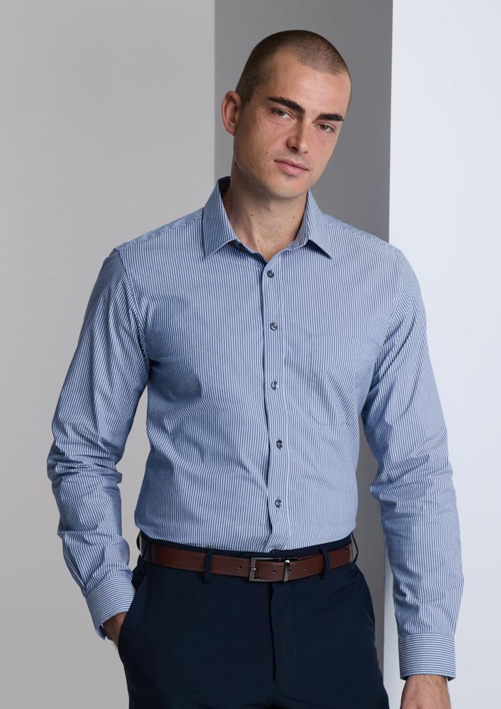 Fitzroy Mens Classic Fit Long Sleeve Shirt French Blue/White Stripe
