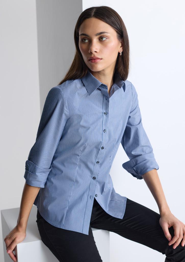 Fitzroy Womens Long Sleeve Shirt French Blue/White Stripe