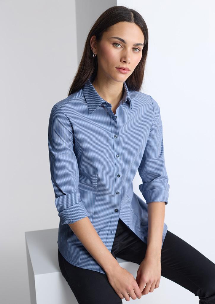 Fitzroy Womens Long Sleeve Shirt French Blue/White Stripe