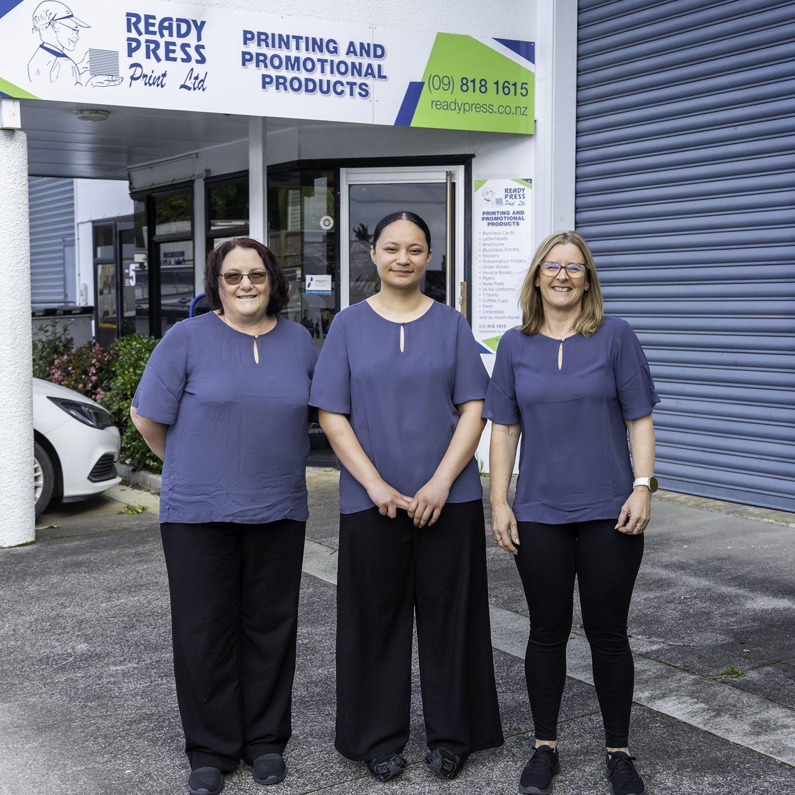 The Ready Press Print team outside the workshop in Kelston, West Auckland